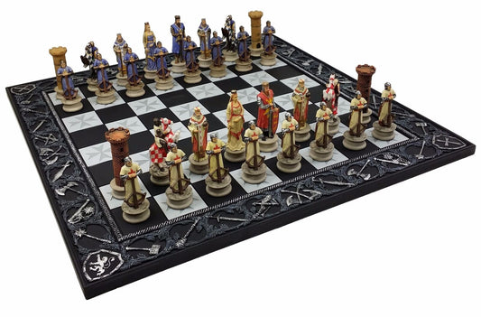 HPL Medieval Times Crusades Knight Chess Set Gold & Silver Busts with 17 inch Faux Marble Storage Board