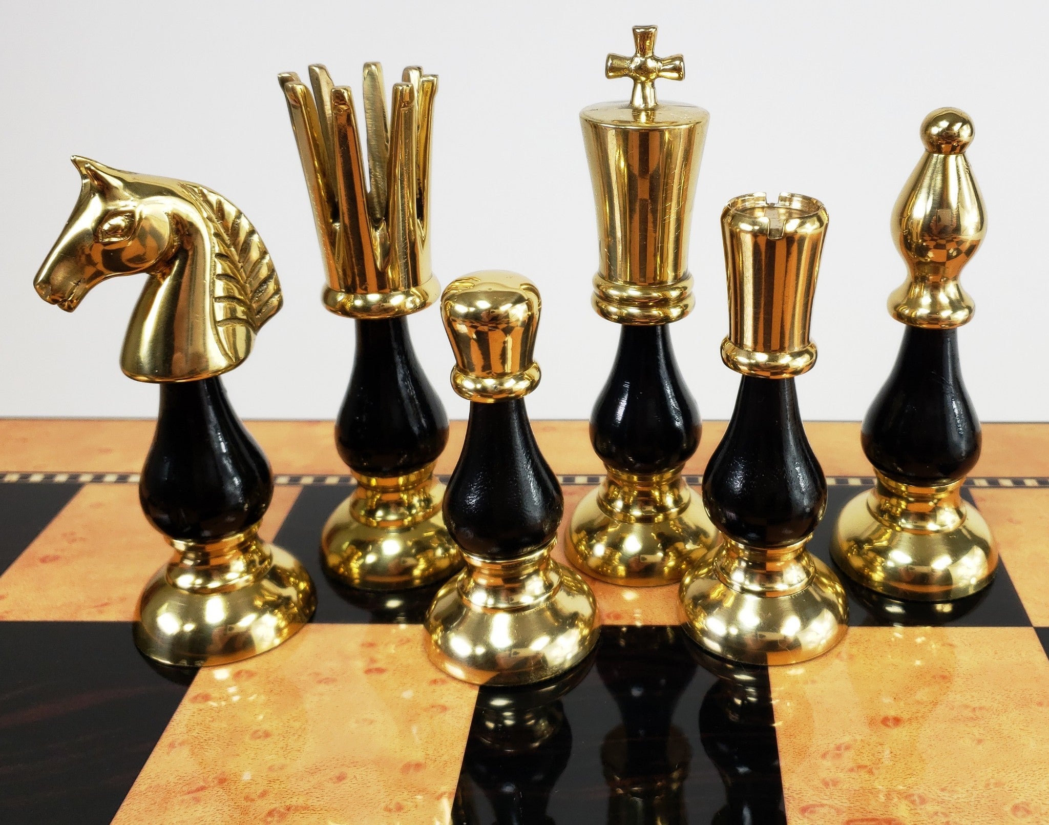 Brass Metal Gold & Black Chrome Modern Slim Staunton Chess Men Set