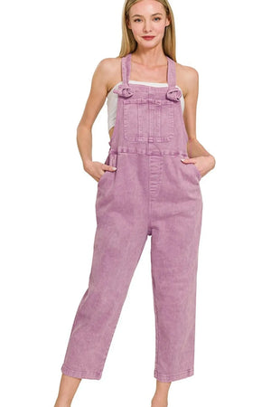 Zenana Washed Knot Strap Relaxed Fit Overalls - SIMPLEE SOUTHERN SUNSHINE