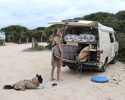 Marching recycled dog and human drying surf poncho