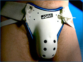 Another version of the Swedish JOFA hockey jock. The contoured cup on this one is lined with blue foam. 