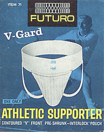 Futuro V-Gard athletic supporter from the 1960s featured a contoured "V" front, 3" elastic waistband, tubular legstraps and a pouch of interlock knit. 