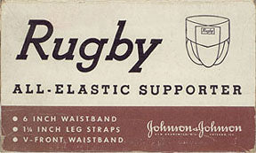 A 1940-era Johnson & Johnson Rugby V-front wide-band supporter. Rugby wide-band supporters were worn by United States Army Paratroopers during World War II. 