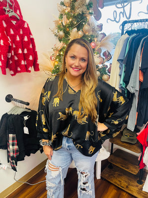 Satin Animal Print dolman sleeves - Black - thelillylanemarket