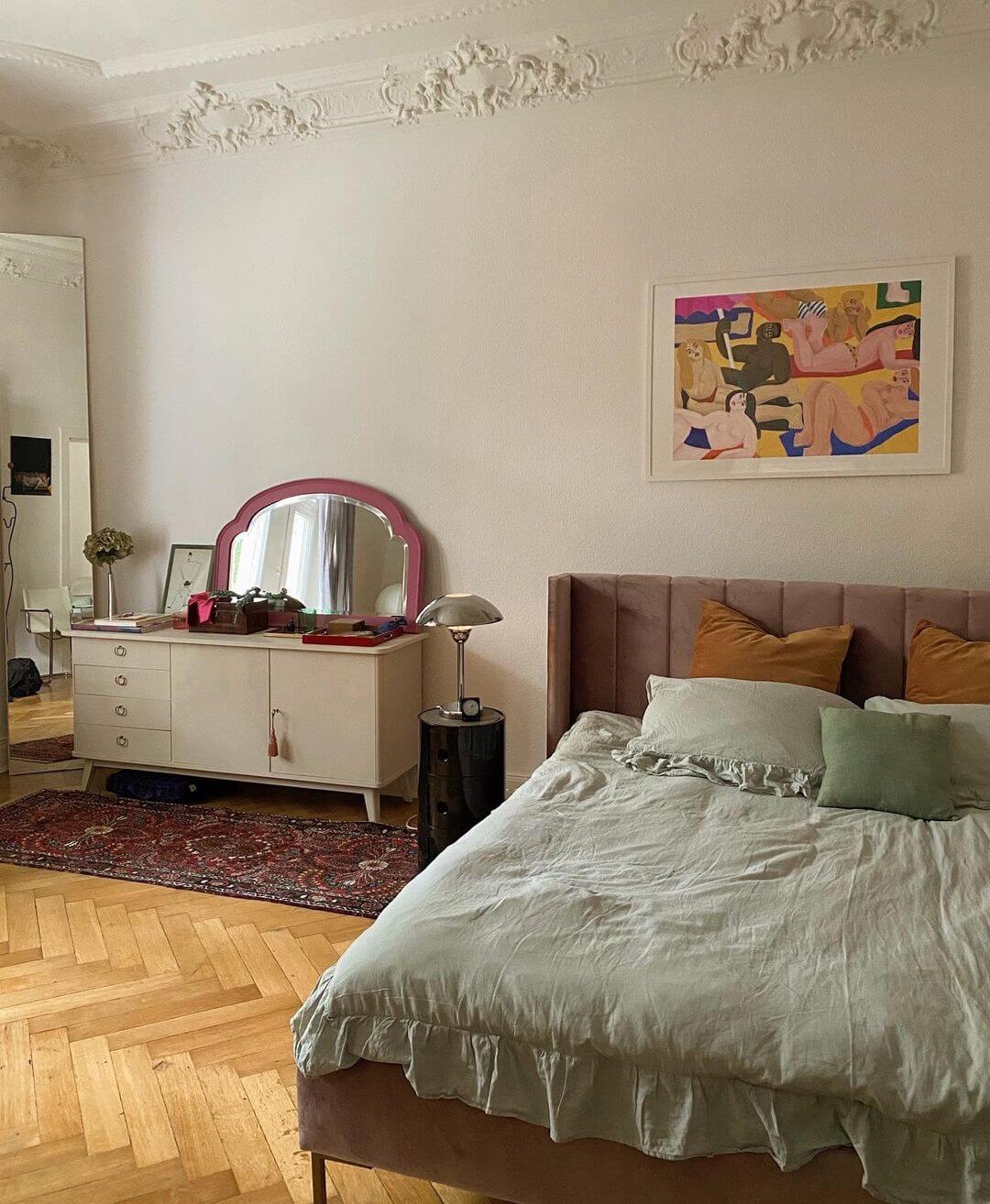 neutral decor interior design bedroom with art prints