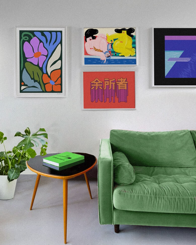 Bold Coloured Living Room With A Bright Green Sofa, Large Contemporary Framed Artworks On The Wall And Nike's Virgil Abloh Book On The Side Table