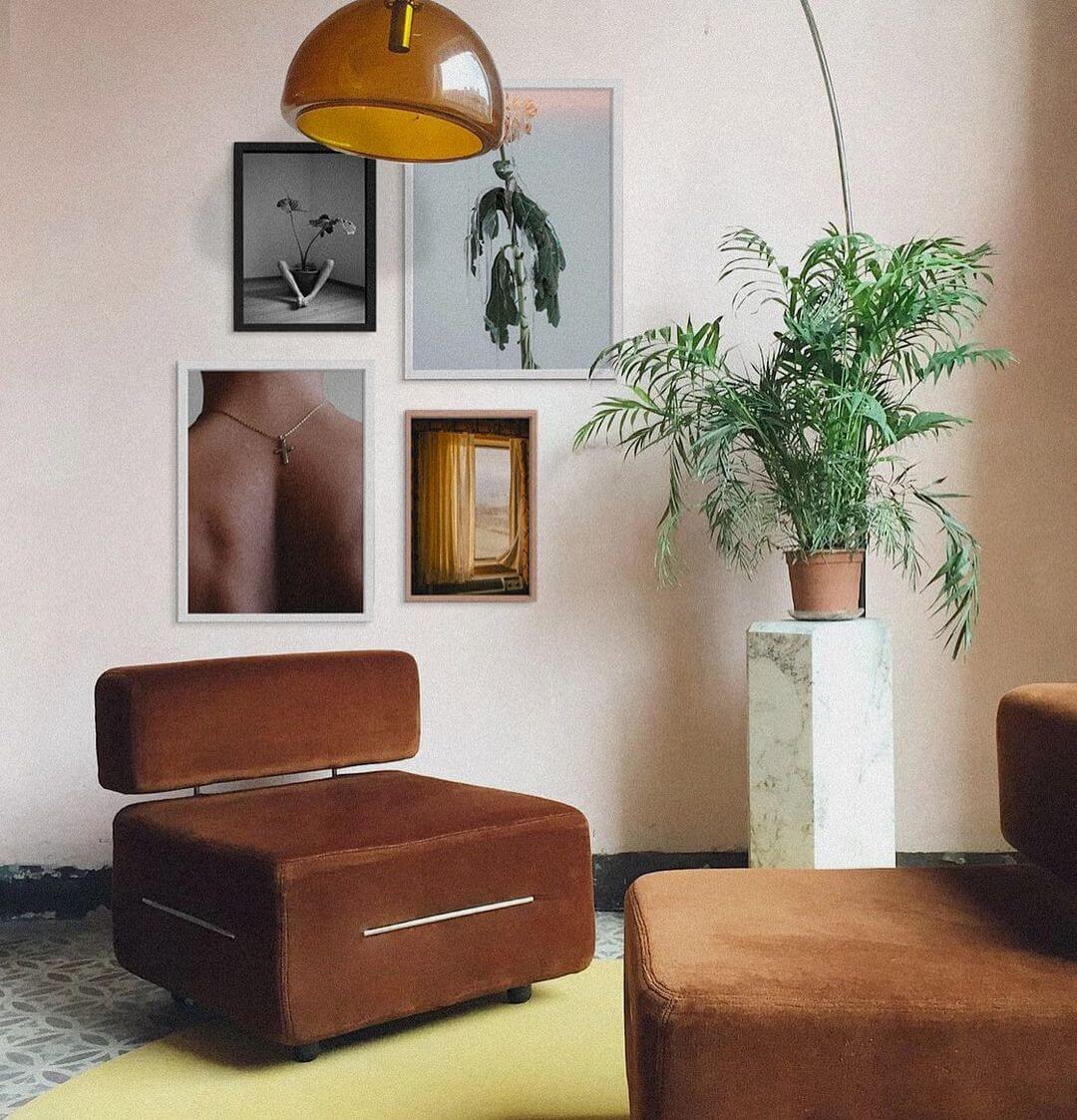 Brown 70s Interior With A Gallery Wall Of Art Prints