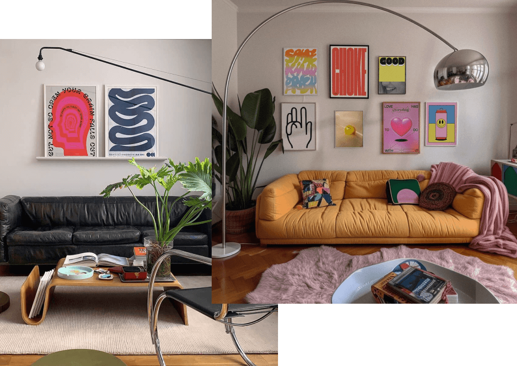 collage of eclectic living rooms