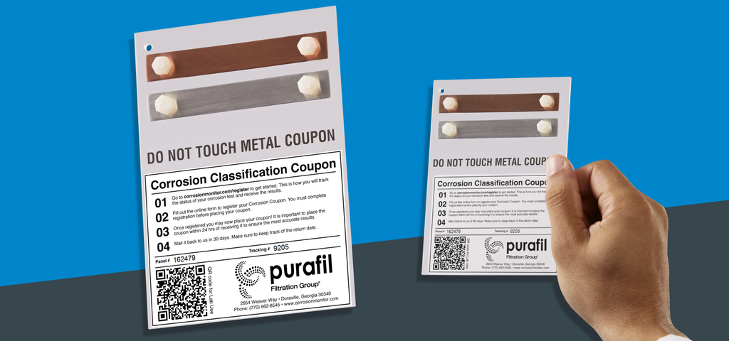 A corrosion coupon next to a corrosion coupon in hand