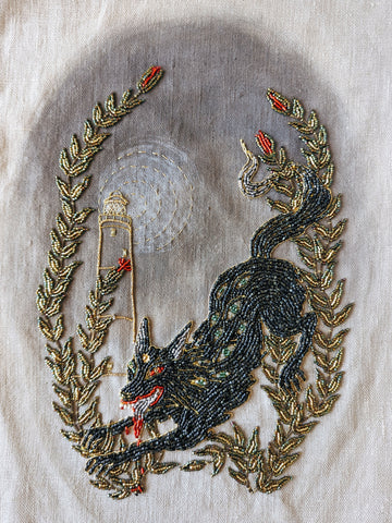 Illustrative bead embroidery of the Roy Dog of Portland, England by Jennifer Christie of Wandering Coast