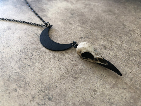 mini raven skull charm with lunar crescent moon witchy jewelry necklace