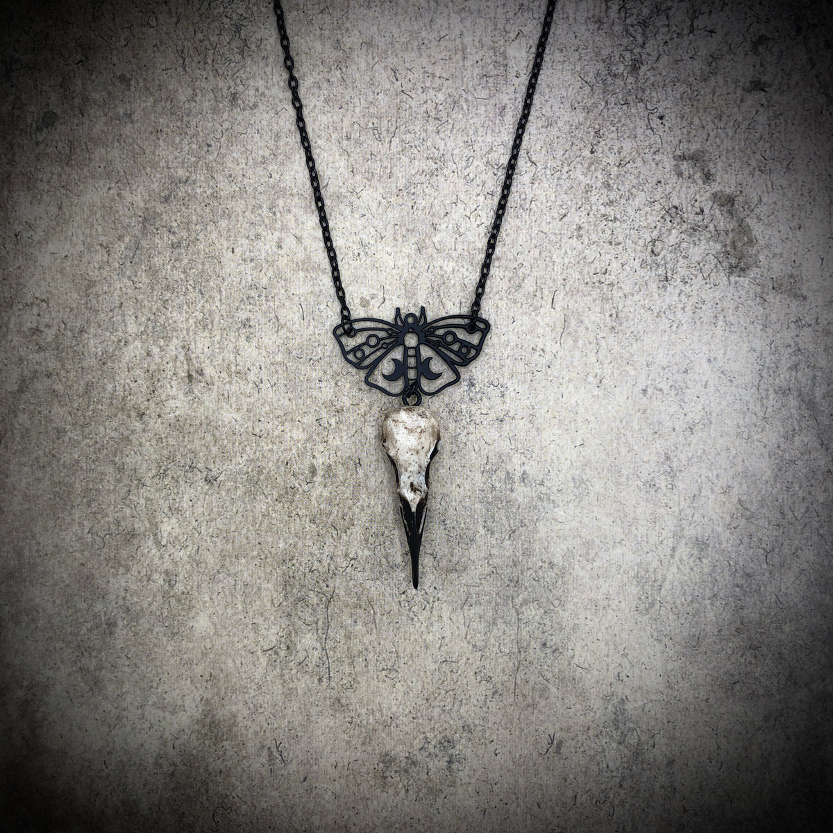 Celestial Moth Raven Skull Necklace, Goth Jewels