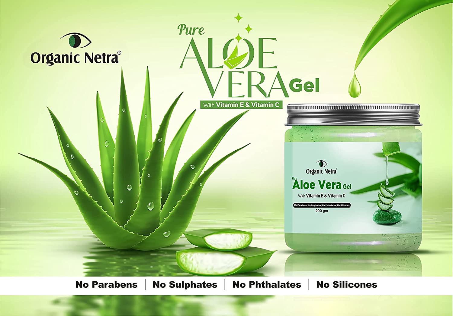 Organic Netra Pure Aloe Vera Gel For Face With Vitamin C And E 200 Gm Organicnetra 3815