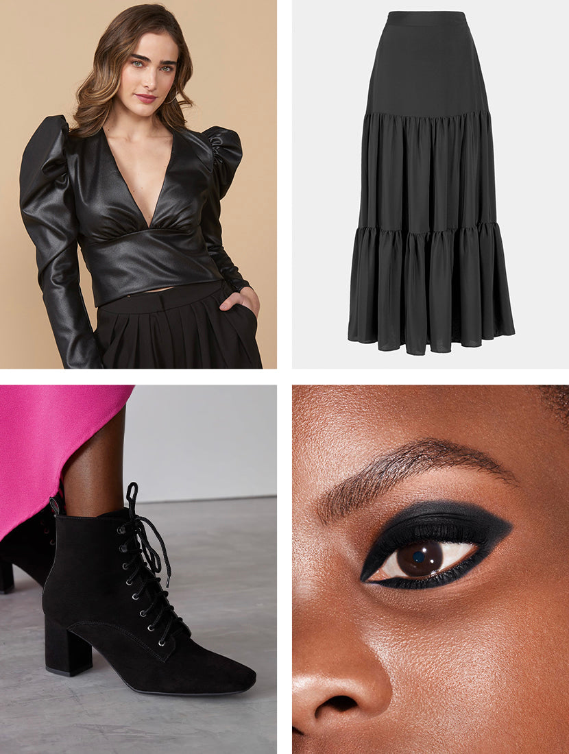 Montagem com modelo vestindo blusa preta com manga bufante, saia preta, bota preta com amarração e maquiagem com sombra preta