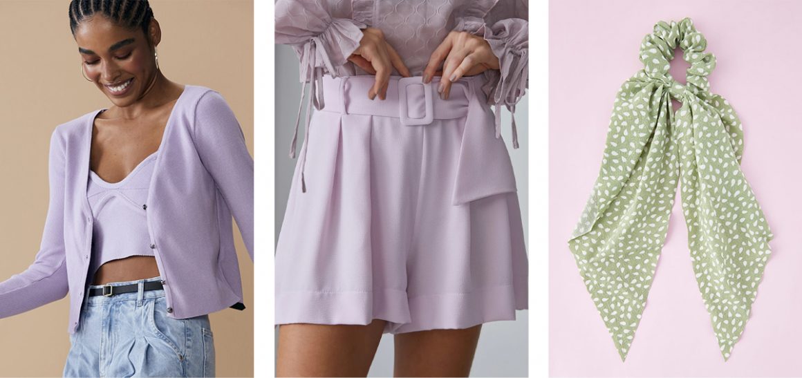 Montagem com modelo vestindo blusa lilás, shorts de alfaiataria lilás e lenço verde