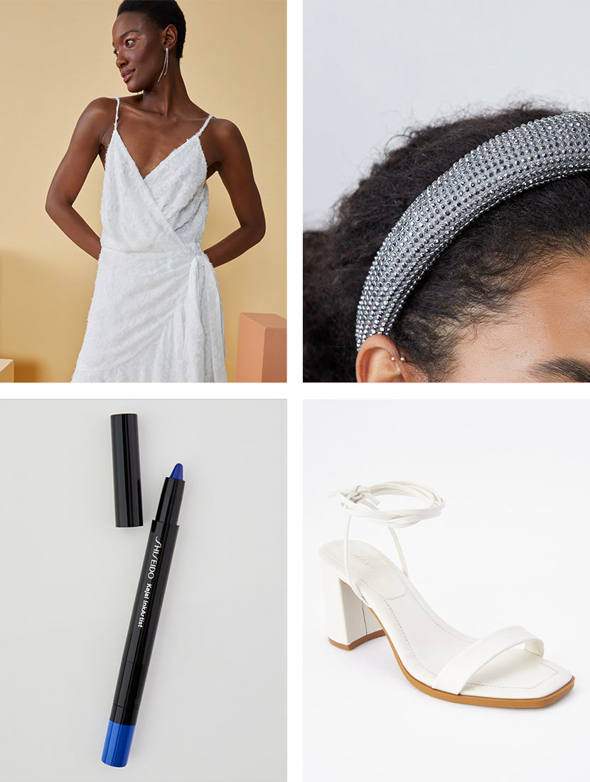 Montagem com modelo vestindo vestido branco, tiara com strass, caneta delineadora azul e sandália branca de salto bloco 