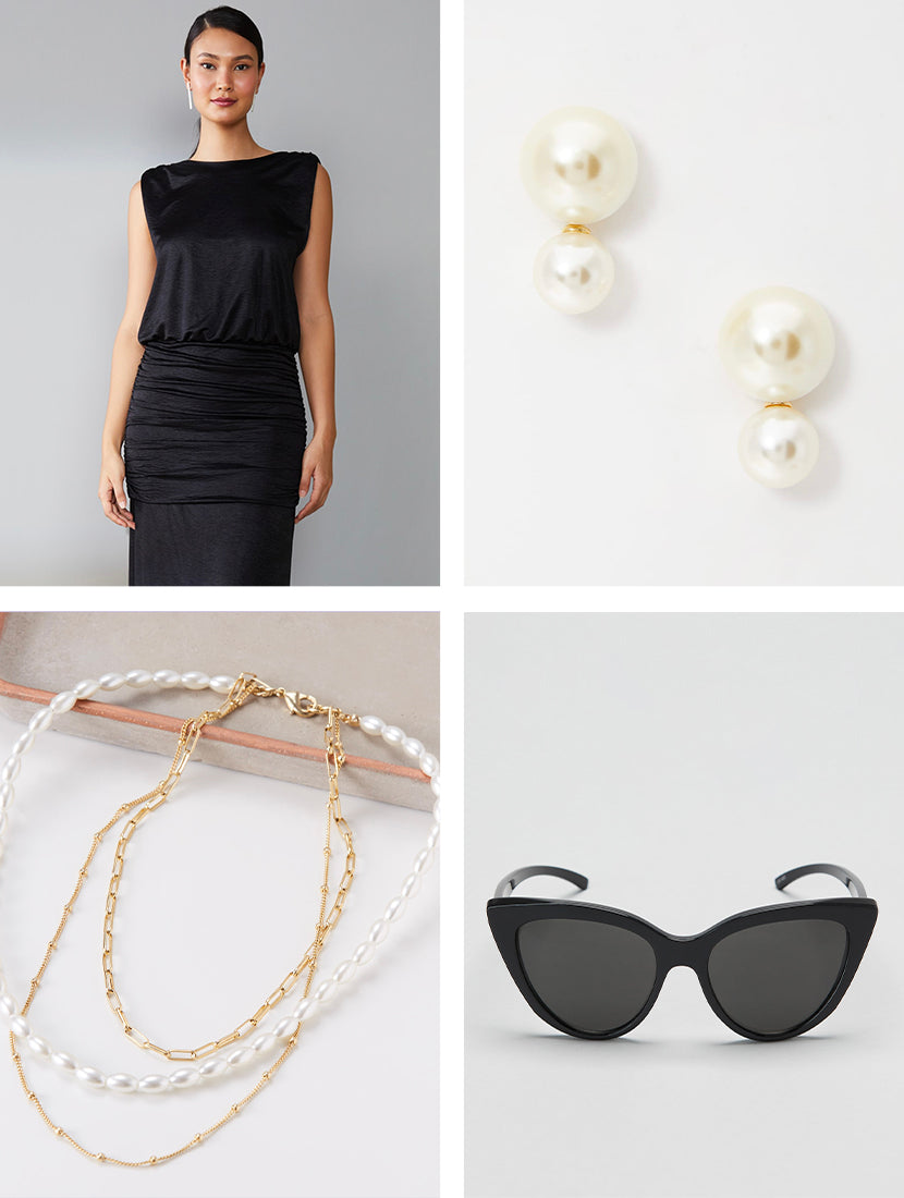 Montagem com modelo vestindo vestido preto, brinco de pérola, colar de pérola e óculos de sol preto