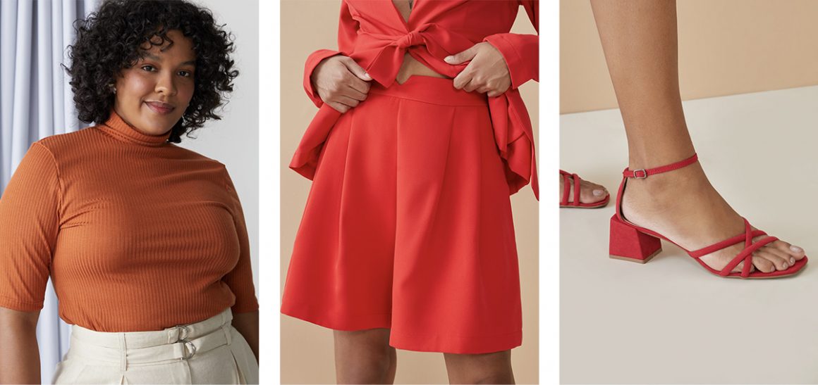 Montagem com modelo vestindo blusa laranja, shorts de alfaiataria vermelho e sandália vermelha bloco