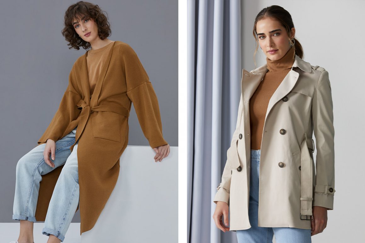 Primeira modelo vestindo sobretudo oversized e segunda modelo vestindo trench coat 