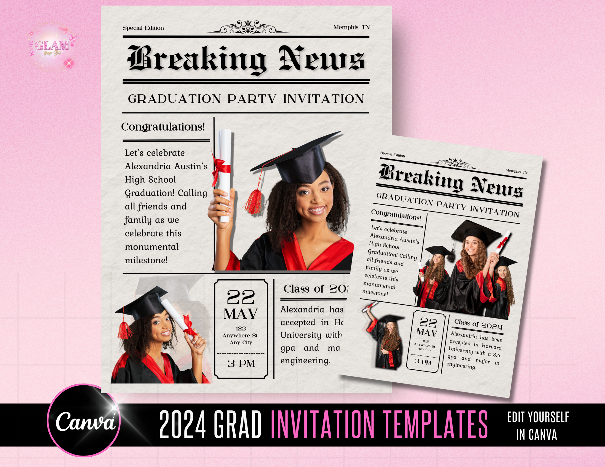 2025 Graduation Newspaper Invitation Editable Template Bundle Digital File