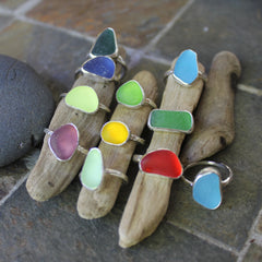 Handmade sterling silver sea glass rings made by Barb Macy of Accent Yourself Jewelry.