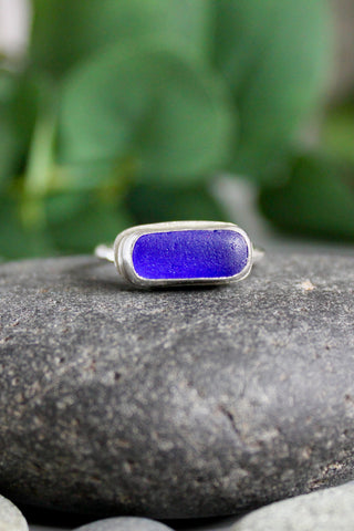 handmade sterling silver cobalt blue sea glass ring handmade by Barb Macy