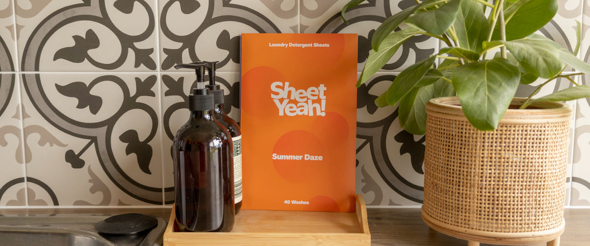 Sheet Yeah laundry sheet packaging small and compact on bench
