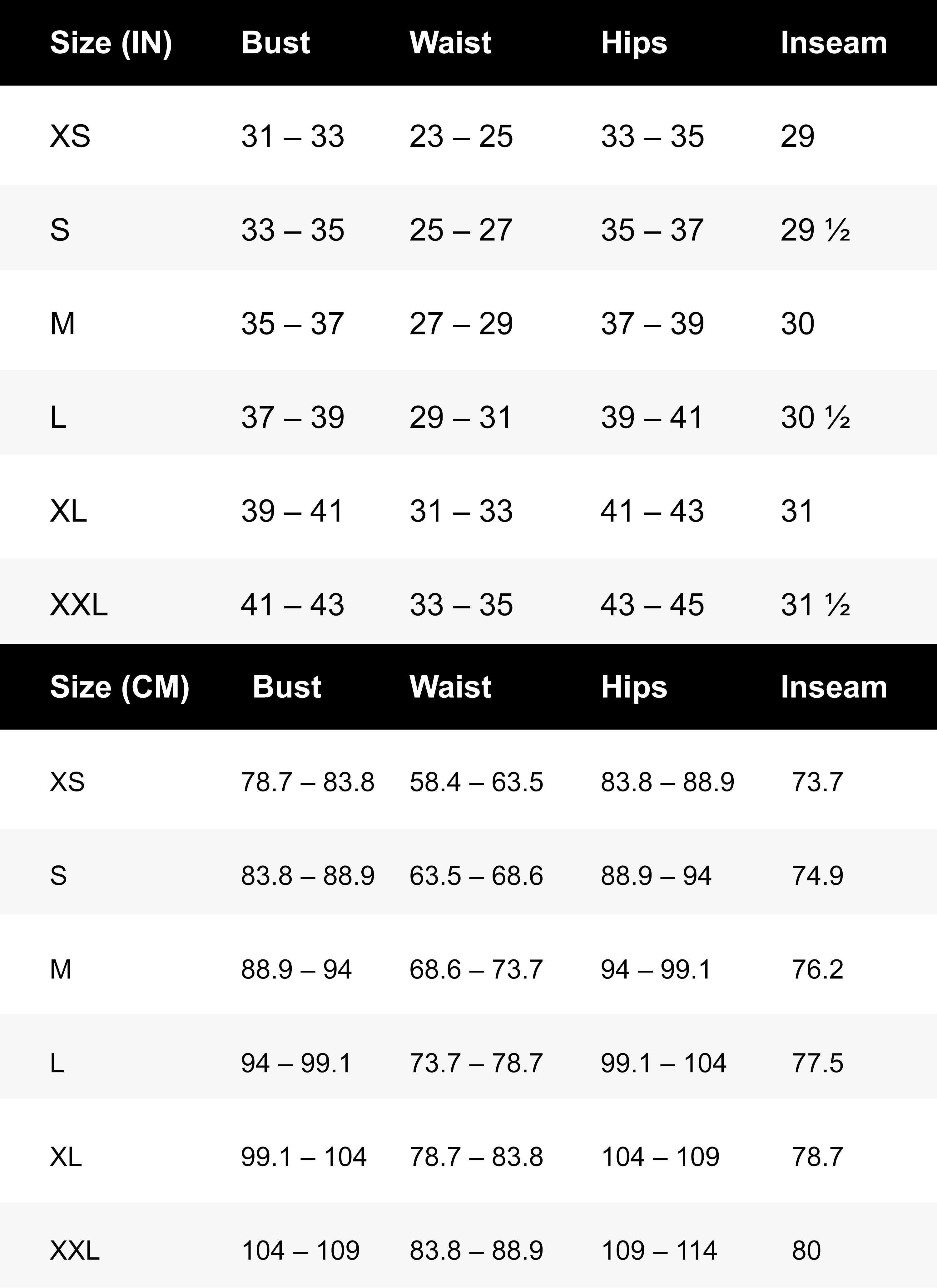 Women's size chart in inches  Womens size chart, Size chart, Womens sizes