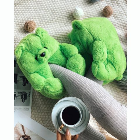 Image of fluffy warm teddy bear slippers, perfect for cozy indoor wear.