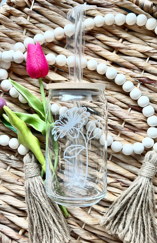 Floral Beer Can Glass, Etched Floral Iced Coffee Glass, Iced Coffee