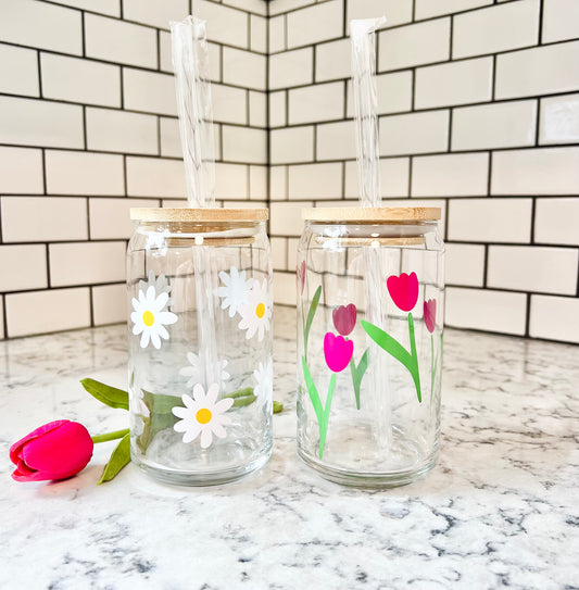 Floral Beer Can Glass, Etched Floral Iced Coffee Glass, Iced Coffee