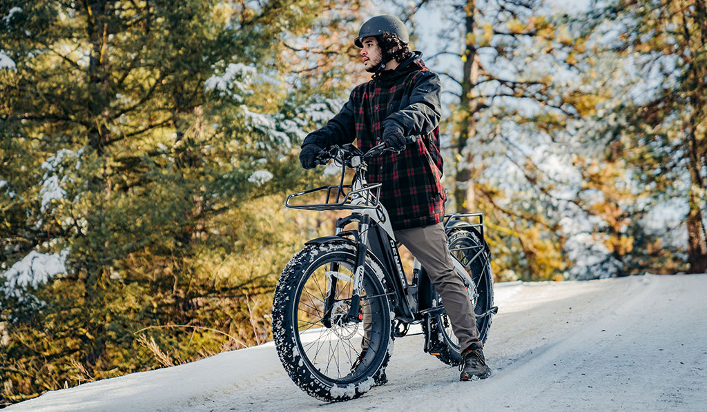 riding a denago fat tire ebikes in snow season