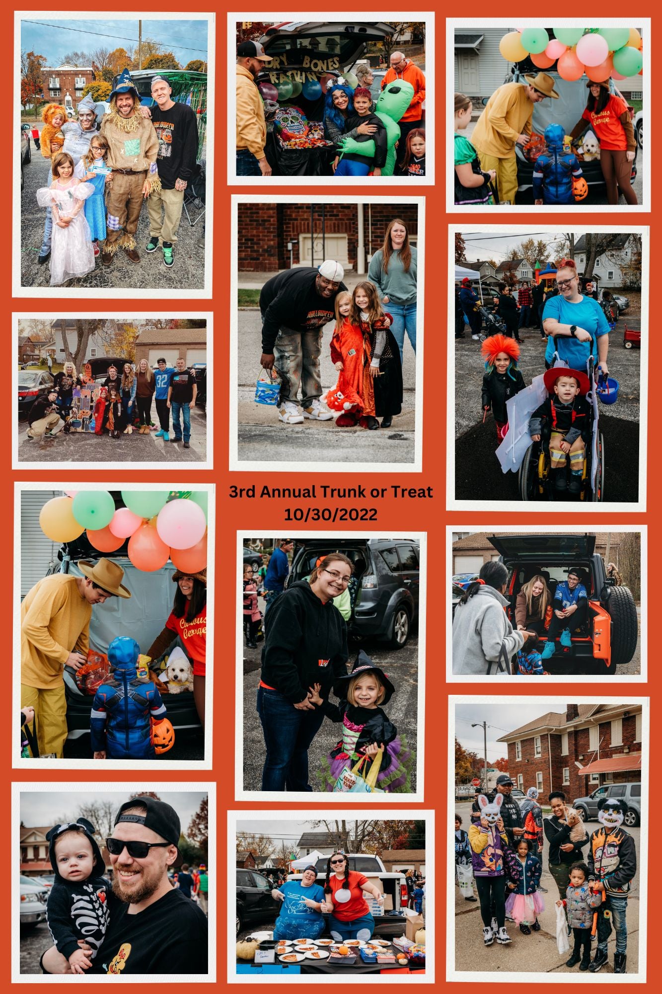 Flyer from Halloween 2022 Trunk or Treat showing a community gathering in Akron Ohio's Kenmore neighborhood including kids in costumes, adults handing out candy, car decorations and more.