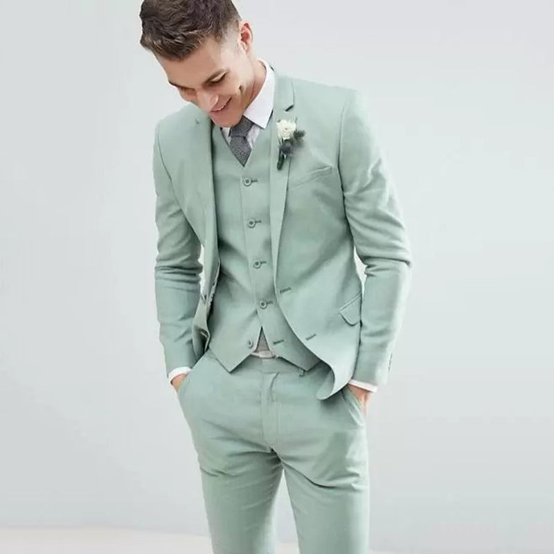 Light Green Men Suits Wedding Tuxedos Notched Lapel Fashion Groom Formal Wear Slim Fit Blazer Jacket+Pant+Vest Costume Homme