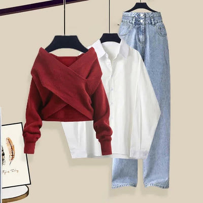 Cross Knit Sweater Shirt Denim Pants Three Piece Set