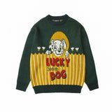 2021 Japan Style Lucky Dog Jacquard Harajuku Men Green Knitted Sweater Vintage Couples Knitwear Women Pullover Sueter Masculino