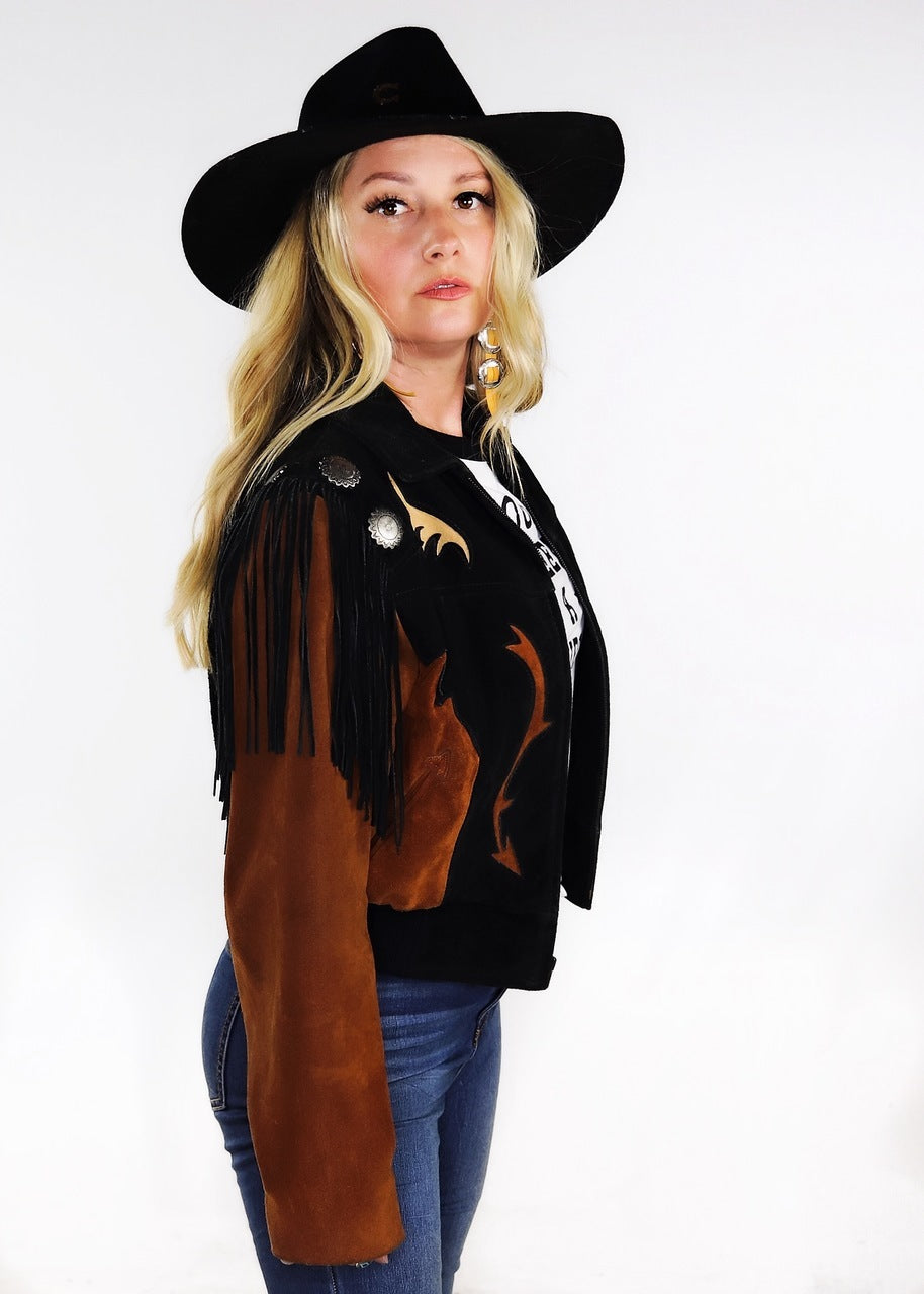 Vintage Western Suede Fringe Concho Bomber Jacket