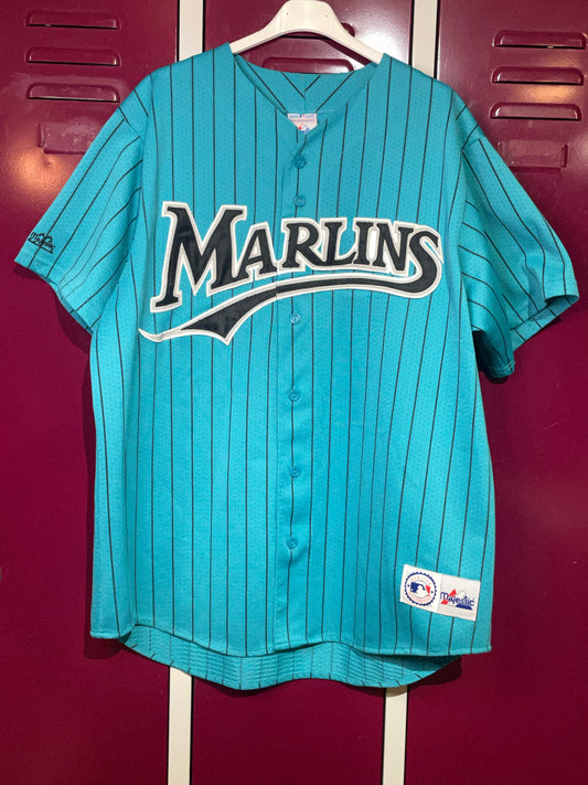 Vintage 90s MLB Florida Marlins Starter Pinstripe Teal Full Button Jersey  Sz XL