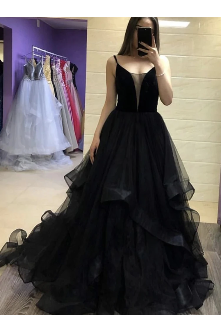 Robes de bal longues en tulle noir, robe de soirée noire avec bretelles à volants