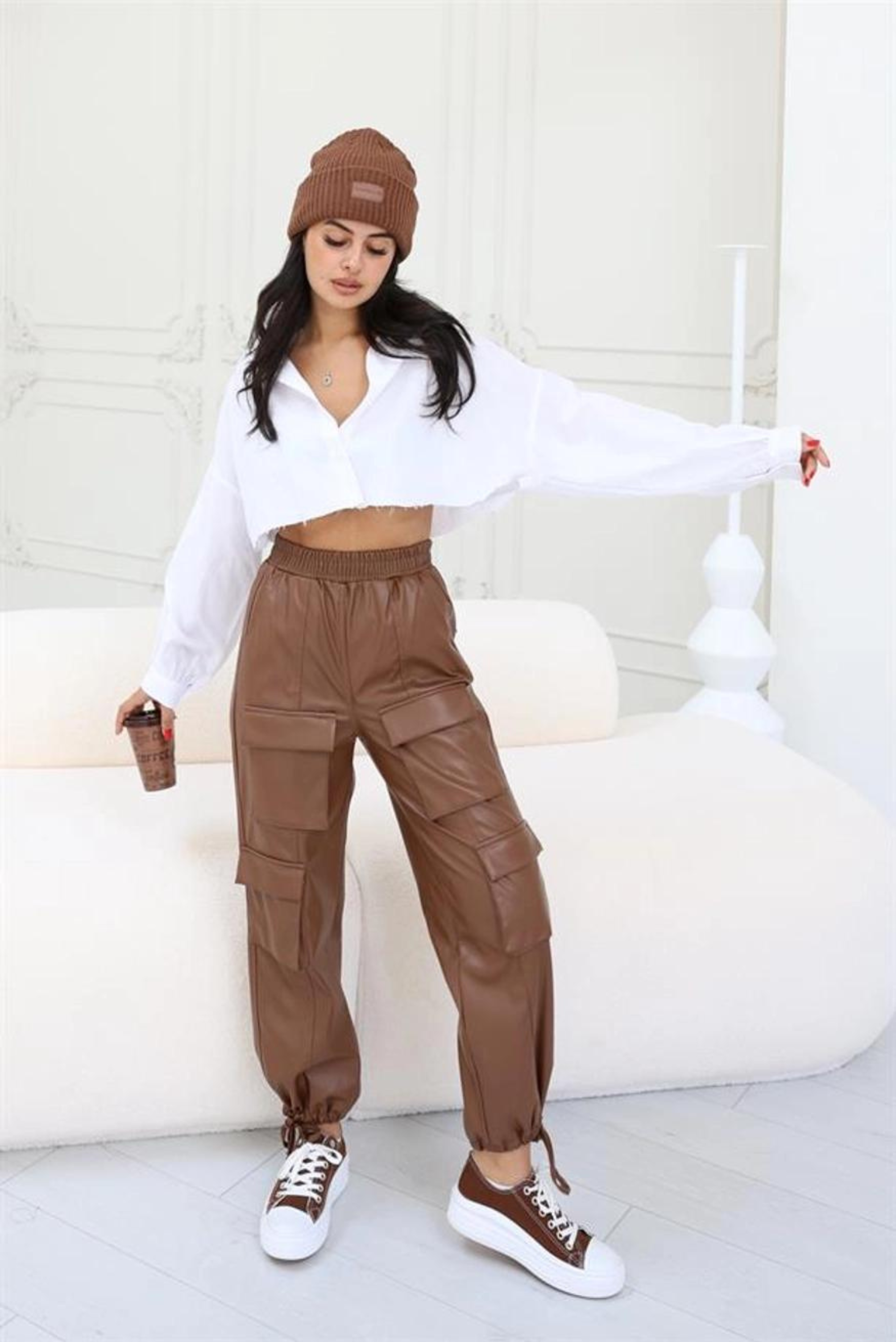 image for High Waisted Leather Cargo Joggers-Brown