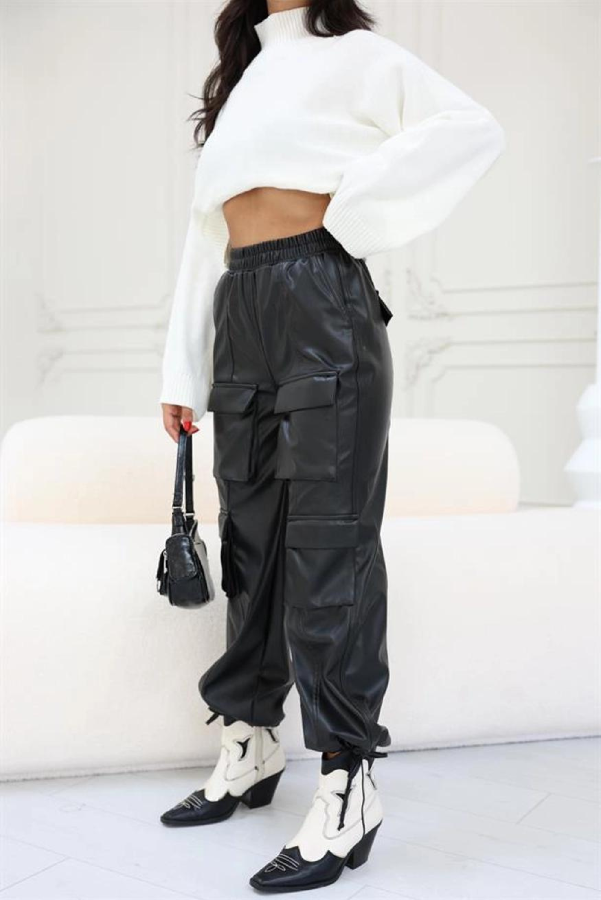 image for High Waisted Leather Cargo Joggers-Black