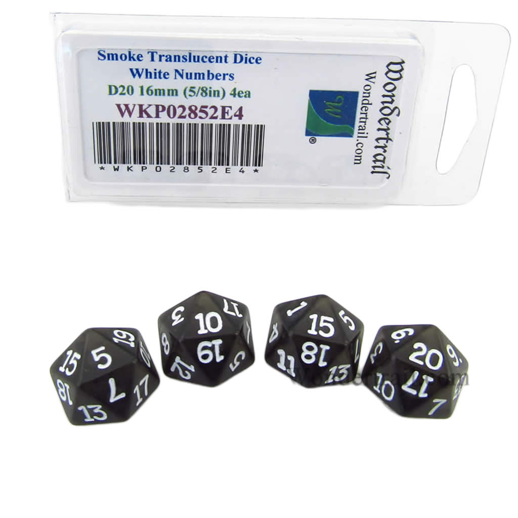 WKP02852E4 Smoke Transparent Dice White Numbers D20 16mm Pack of 4