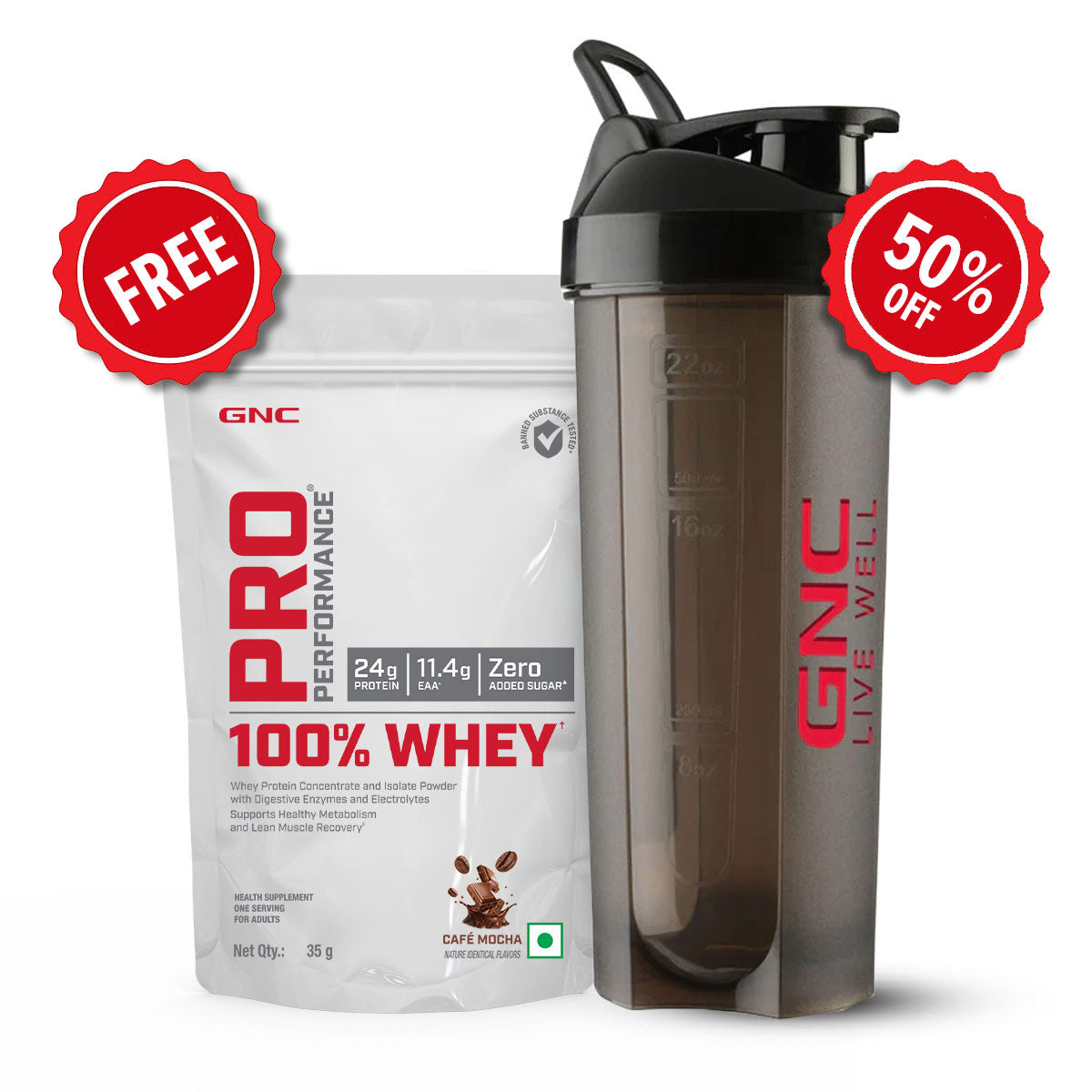 GNC Pro Performance 100% Whey Protein 35gm + Plastic Shaker