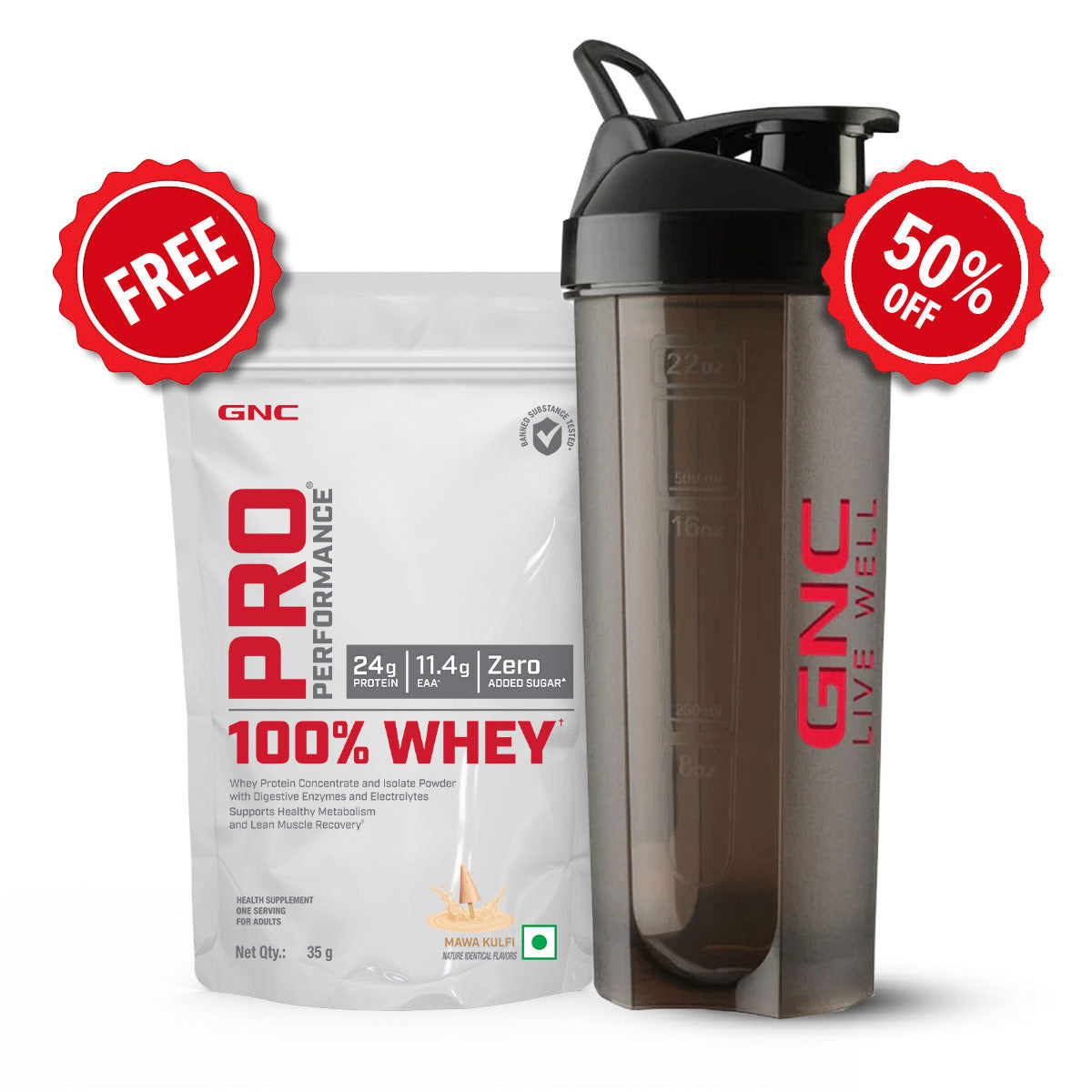 GNC Pro Performance 100% Whey Protein 35gm + Plastic Shaker