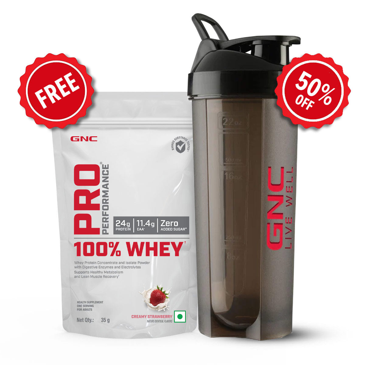 GNC Pro Performance 100% Whey Protein 35gm + Plastic Shaker