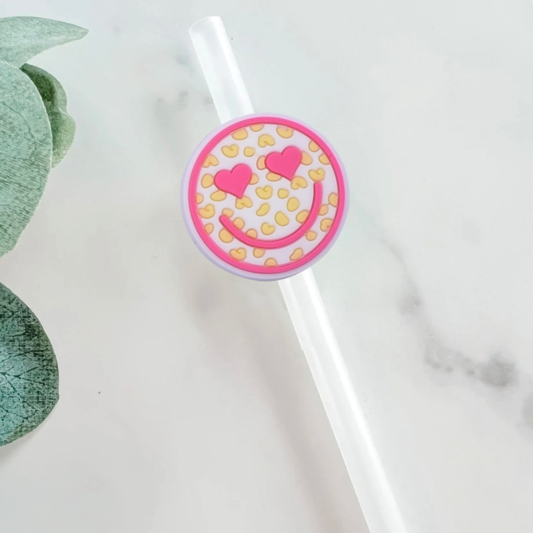 Pink Cheetah Smiley Face Straw Topper