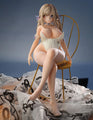 cast off figure pure white elf crossing her legs, wearing white legwears and white bunny girl suit