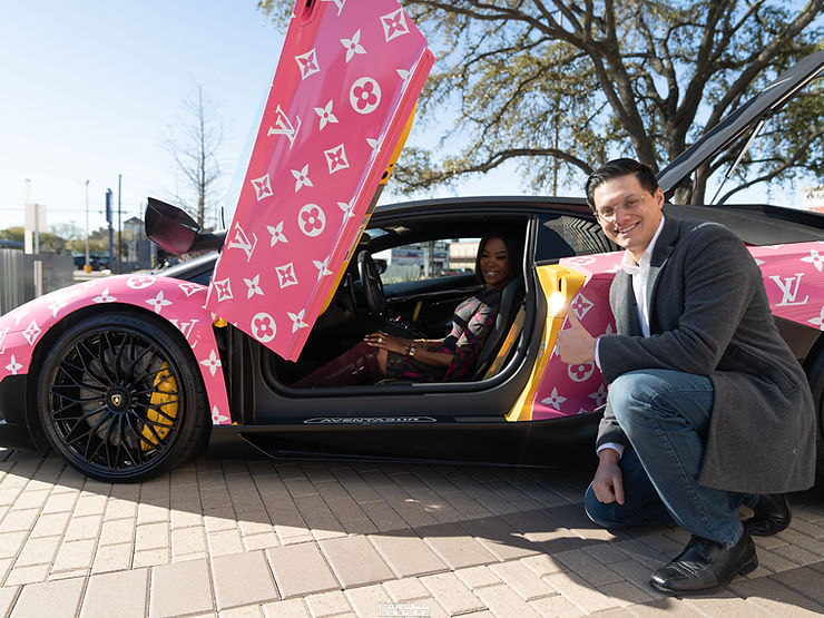 luxury car wrapped in louis vuitton print, car