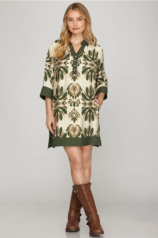 Olive graphic print mini dress