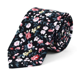 Men's Fashion Wedding Floral Slim Necktie - Black - Small Print